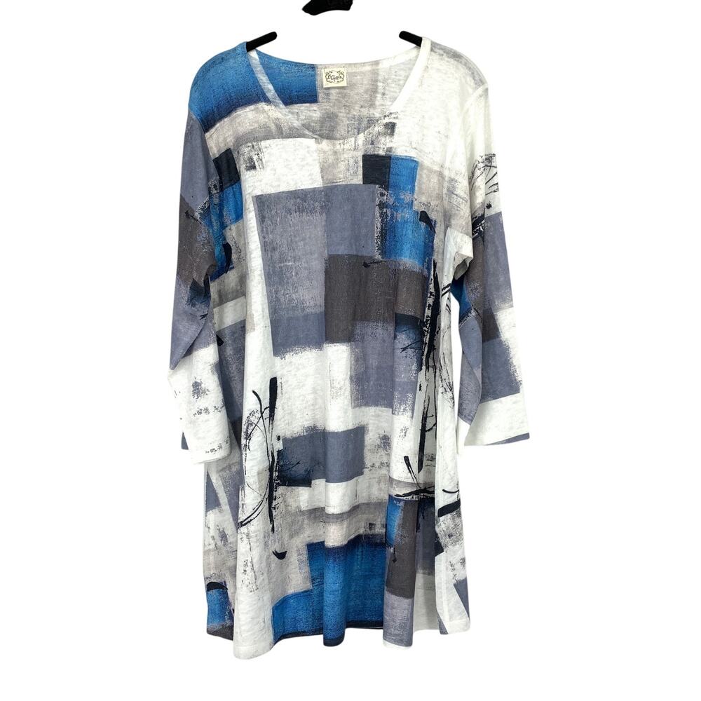 Et Lois Scoop Neck Tunic Top Womens Sz L Multicolor Blue Gray Abstract Art Print